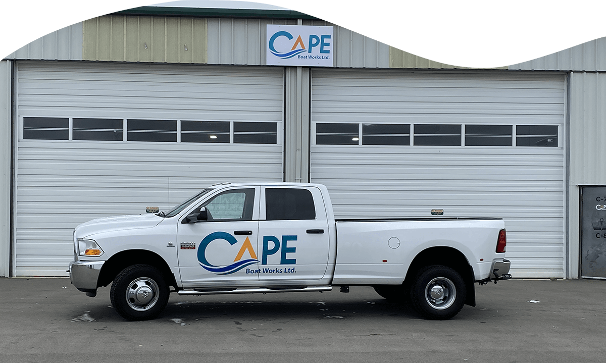 Cape Boat Works truck outside of shop