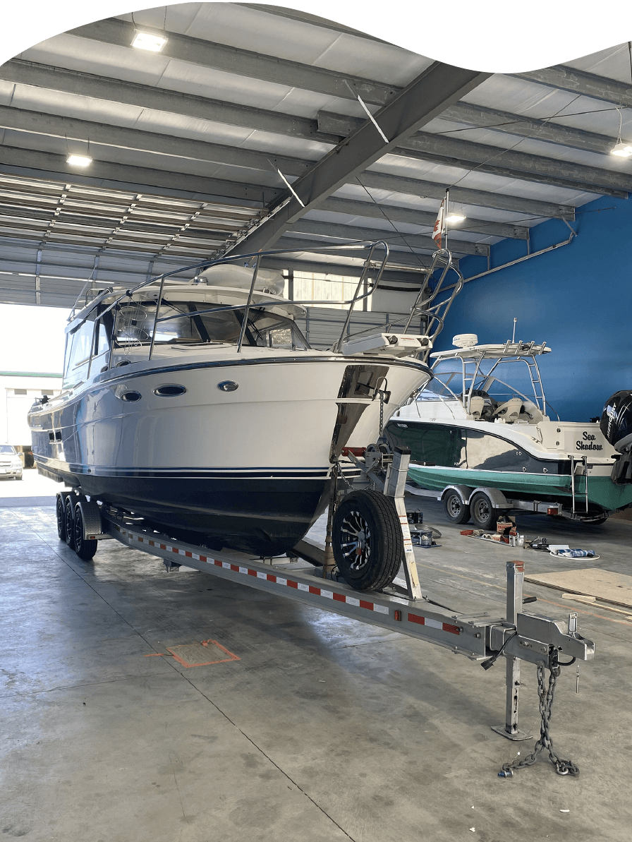 Boat being serviced at Cape Boat Work's shop